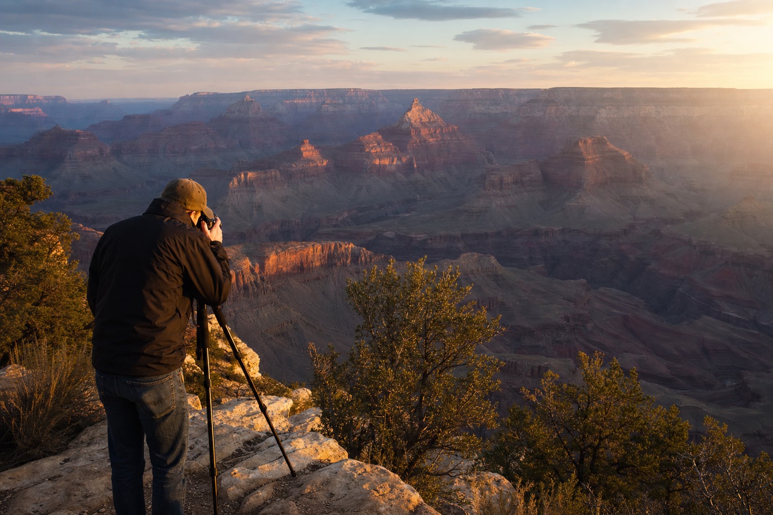 A photographer with a tripod at a South Rim overlook as golden hour light rakes across the Grand Canyon's layered buttes