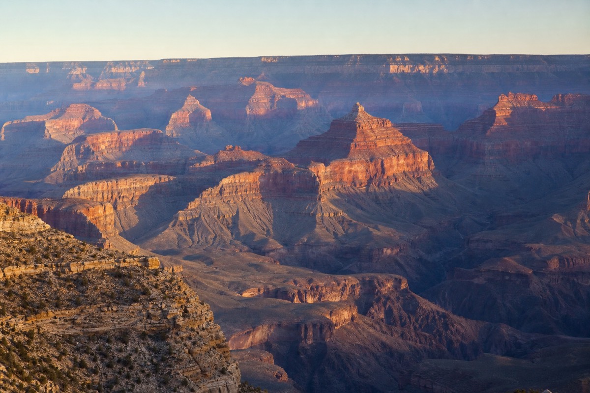 The South Rim panorama at Grand Canyon National Park in warm evening light