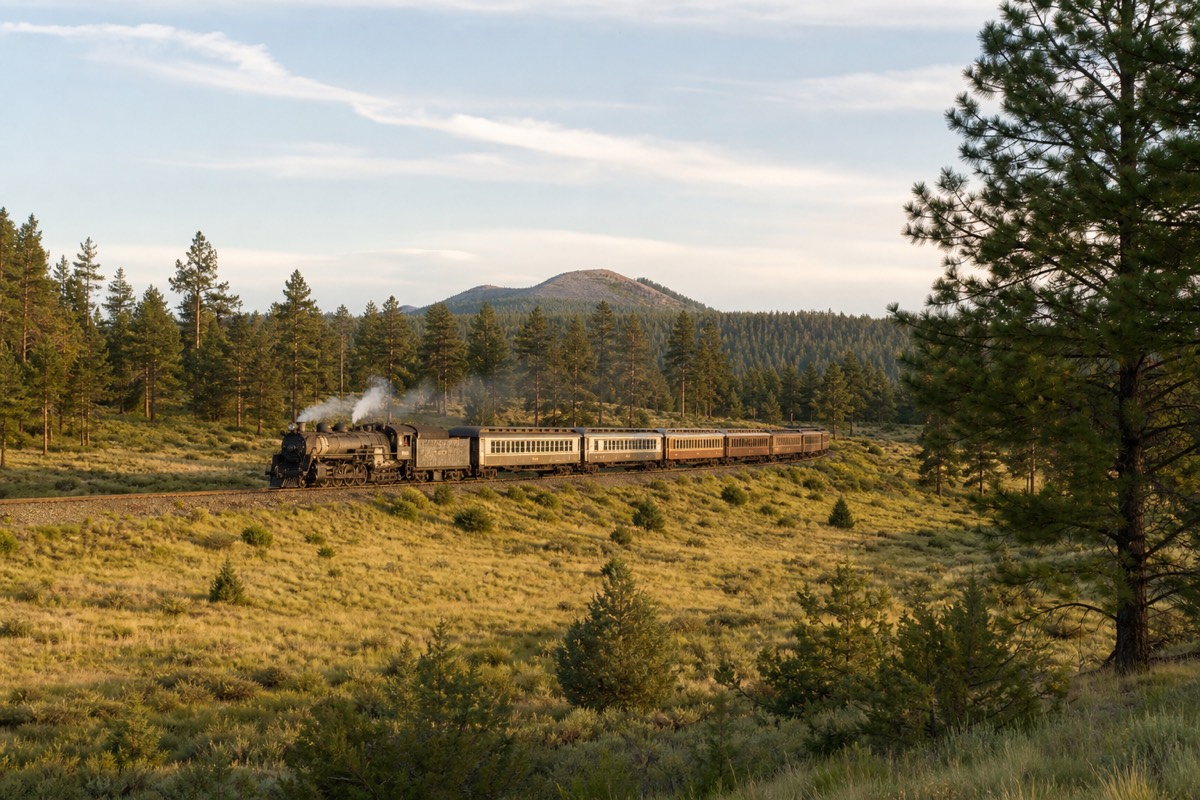 The Grand Canyon Railway crossing high pine country between Williams and the South Rim