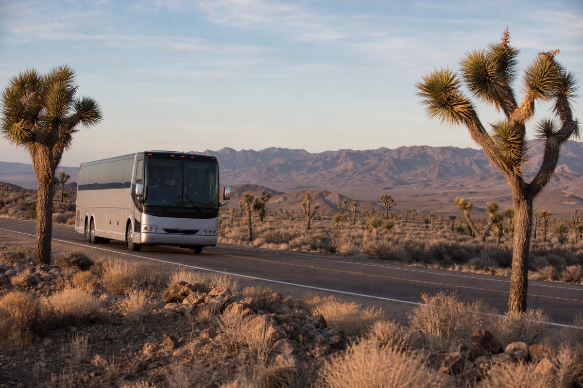 A tour coach on the open desert highway from Las Vegas toward Grand Canyon West under a big morning sky