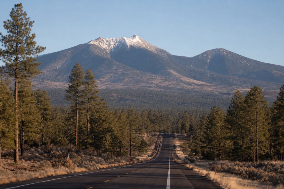 Open highway heading north from Flagstaff through ponderosa pine forest with the San Francisco Peaks behind