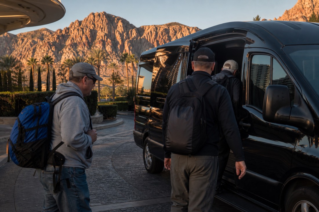 Travelers with daypacks boarding a tour van at a Las Vegas hotel pickup point in early morning light