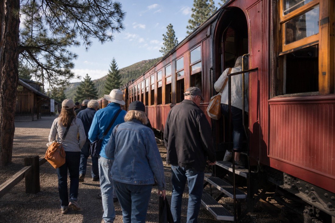 Passengers boarding vintage railway carriages at a pine-lined depot platform on a bright morning