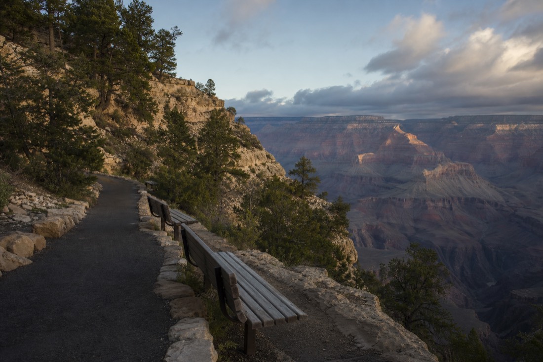 Early morning light along a quiet paved section of the South Rim path with empty benches facing the drop