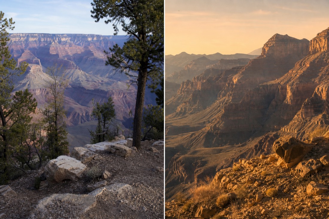 Split view of a pine-lined South Rim overlook and the arid rocky terrain of Grand Canyon West under different light