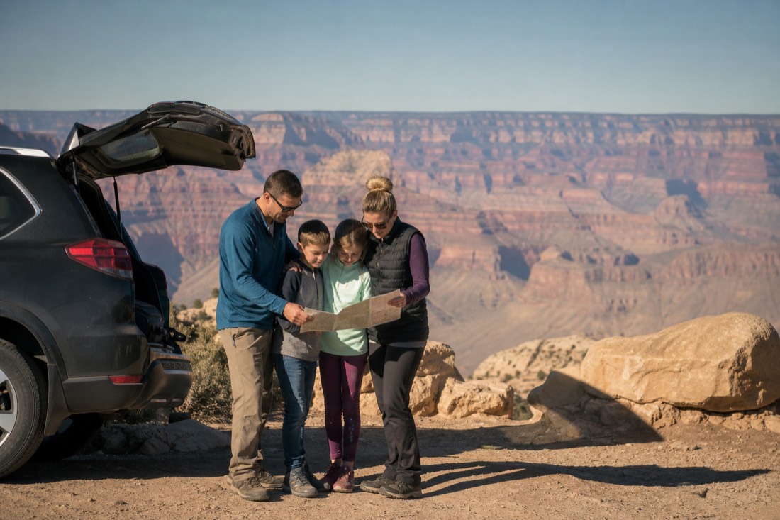 A family of four standing beside their car at a Grand Canyon entrance sign checking a park map together