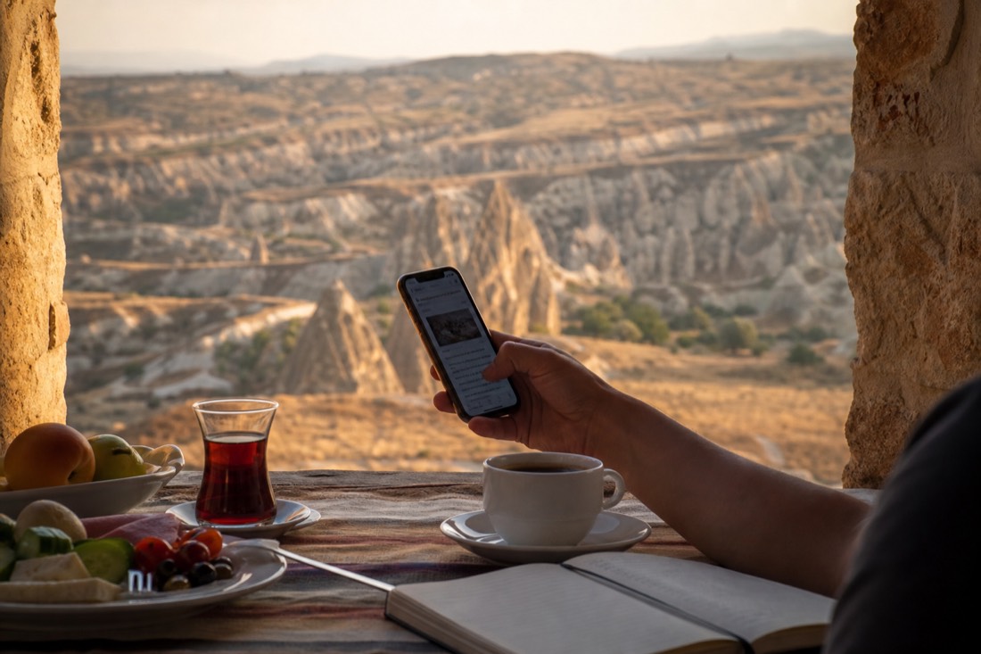 A traveler reading tour details on a phone screen at a hotel breakfast table with a notebook and coffee