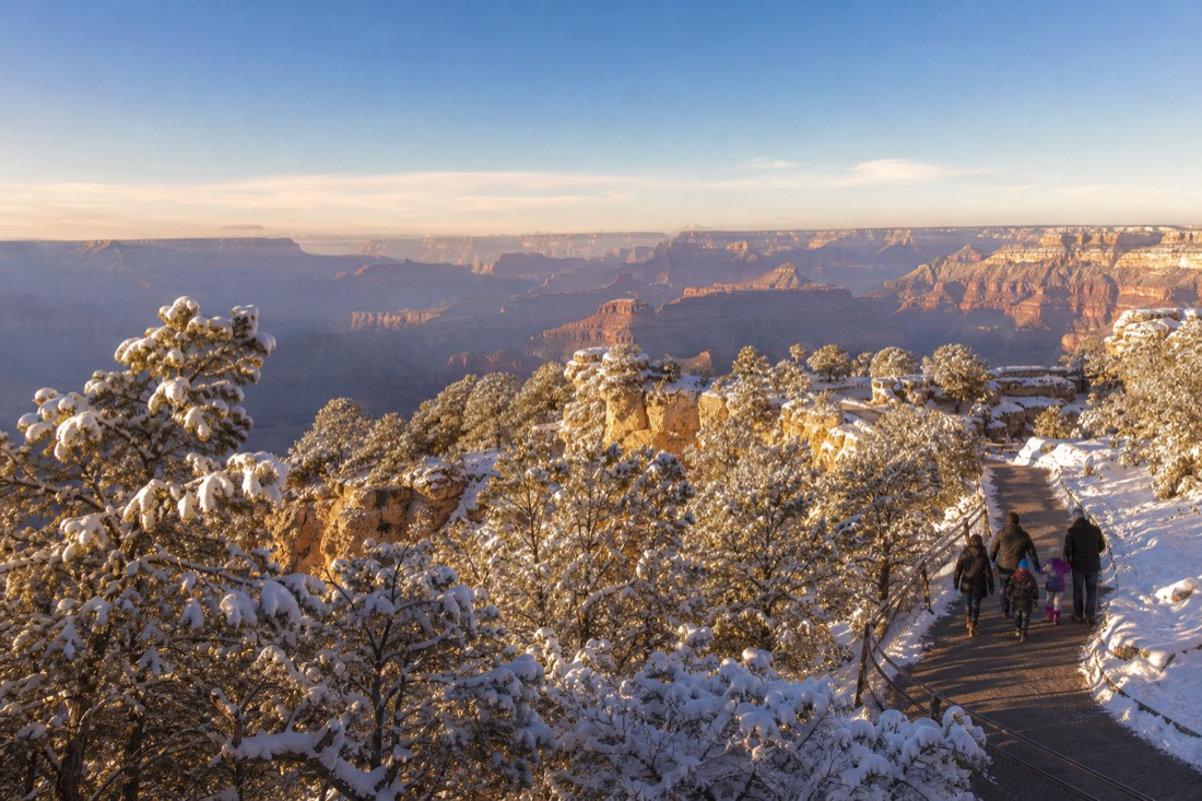 Snow on the pines along the rim with a family in winter coats walking a cleared paved path