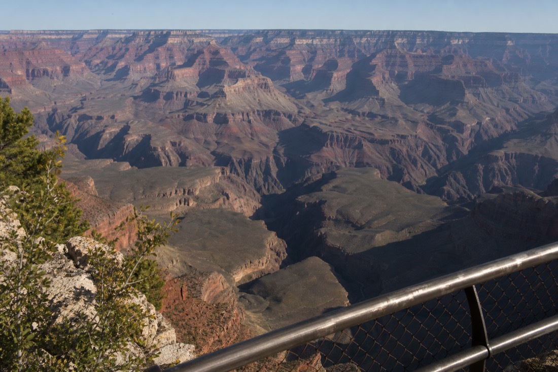 Travelers looking out from a railed South Rim viewpoint with the canyon in full afternoon light