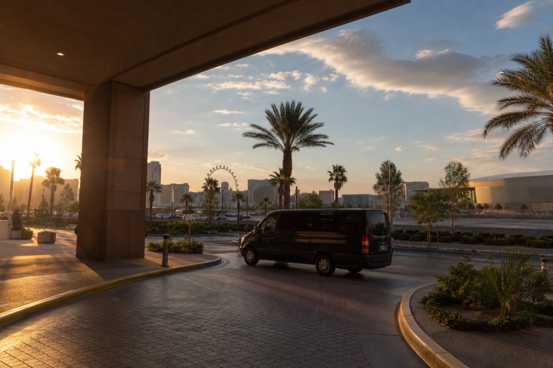 A hotel kerbside pickup at dawn on the Las Vegas Strip with a small shuttle van waiting