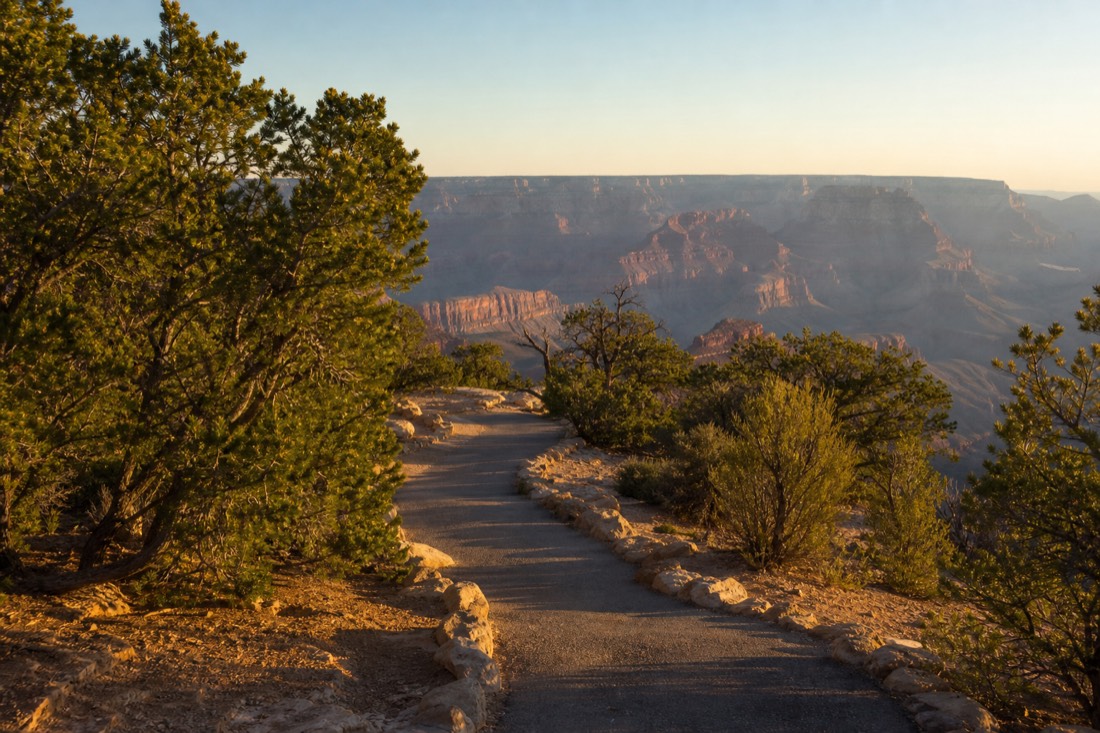 Paved path through pinyon and juniper leading from a visitor center plaza toward the canyon rim