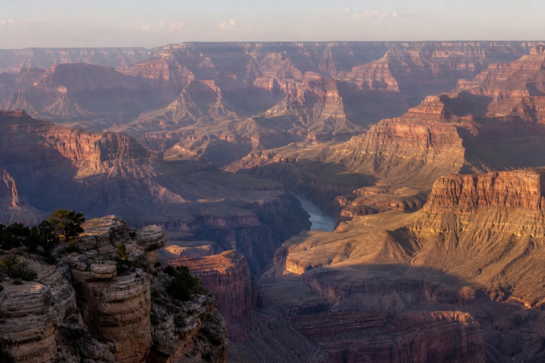 Vast layered Grand Canyon panorama from the South Rim with the inner gorge dropping toward the Colorado River