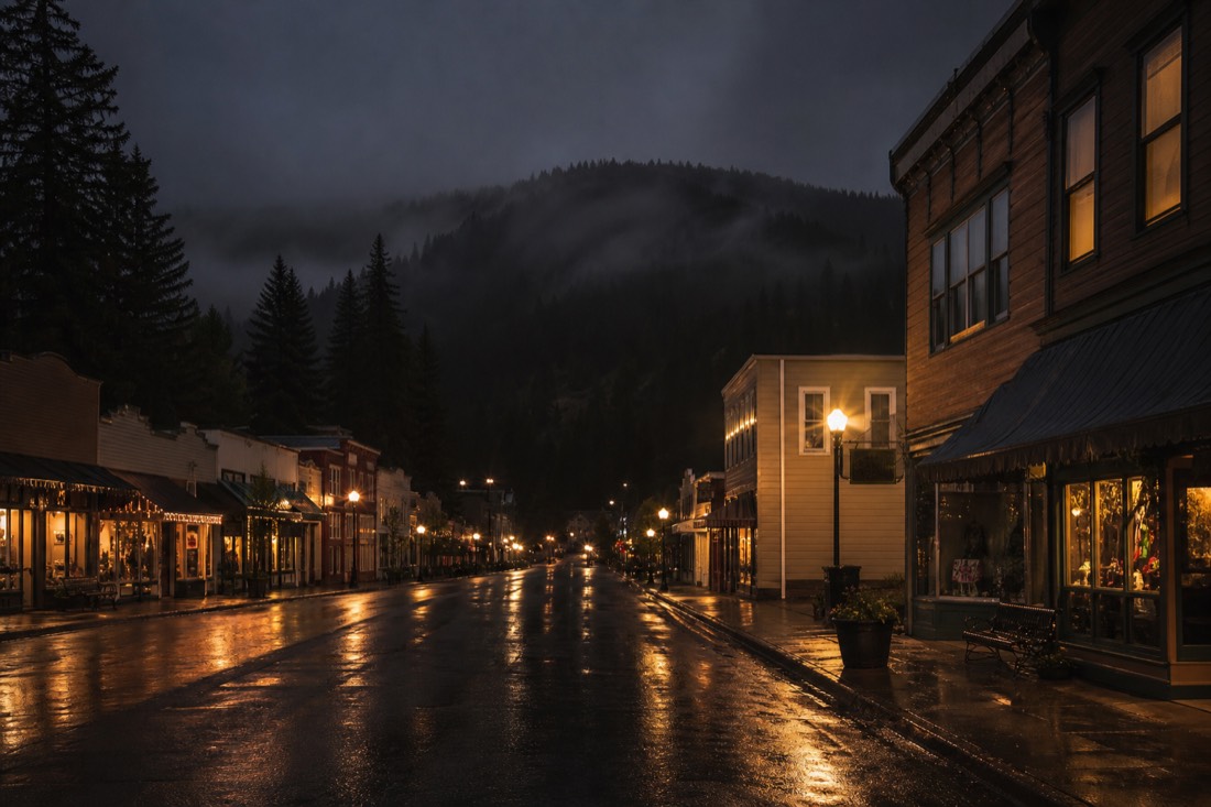 Empty small-town main street at night with warm shop lights reflecting off wet asphalt and pine forest at the edges